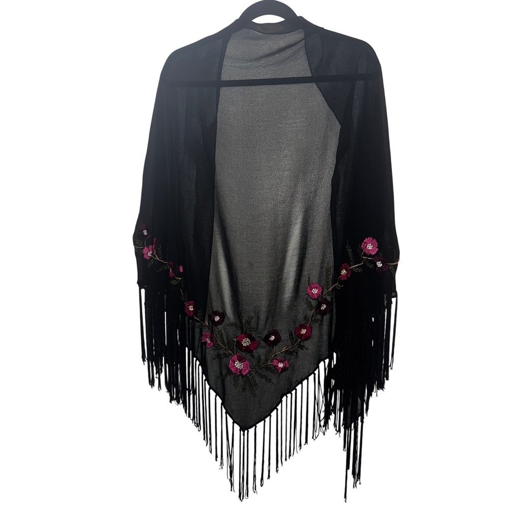 Lane Bryant Black Floral Embroidered Fringe Triangle Scarf Boho Whimsigoth Fairy